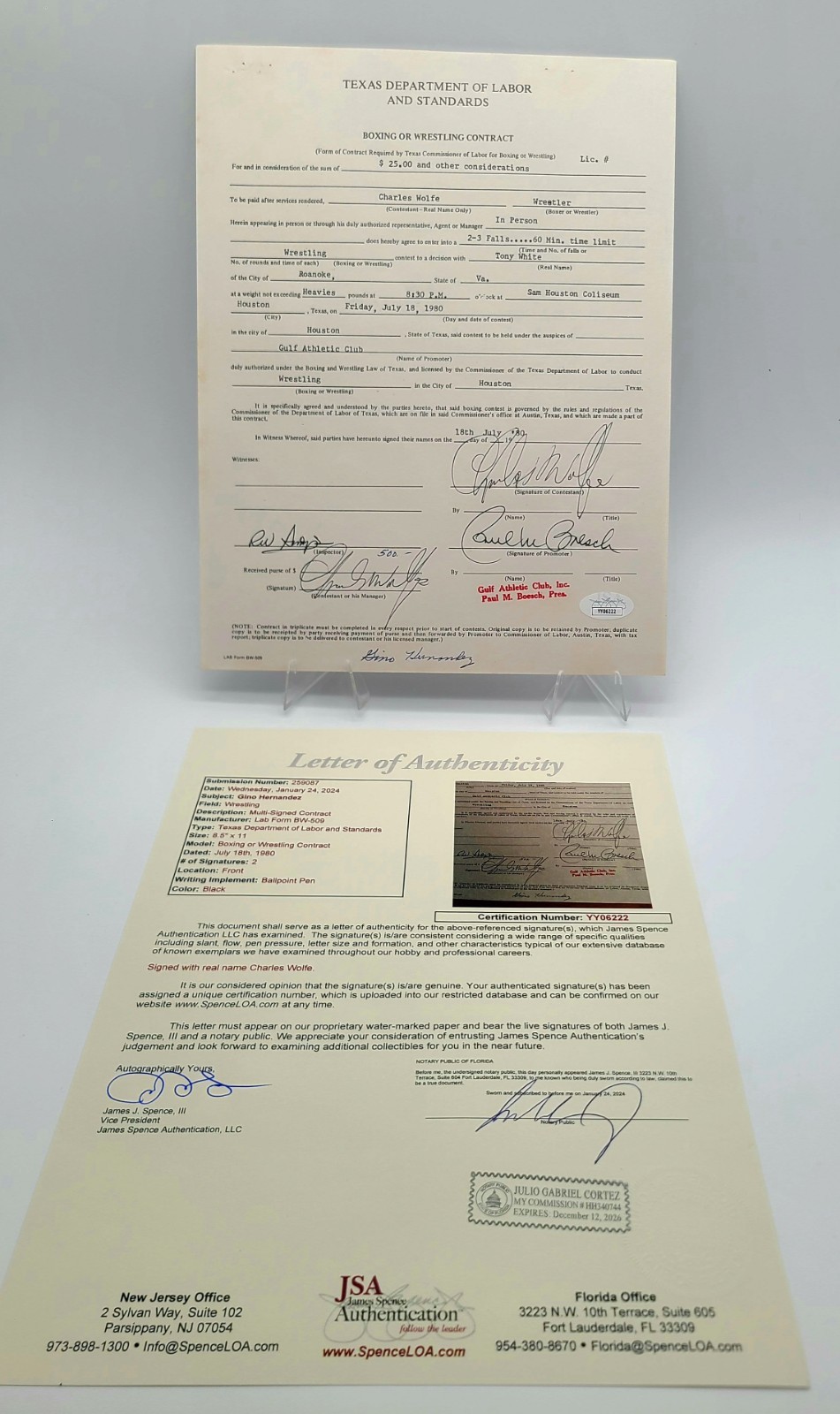 Vintage Gino Hernandez Autograph Contract – Texas Wrestling Legend – JSA