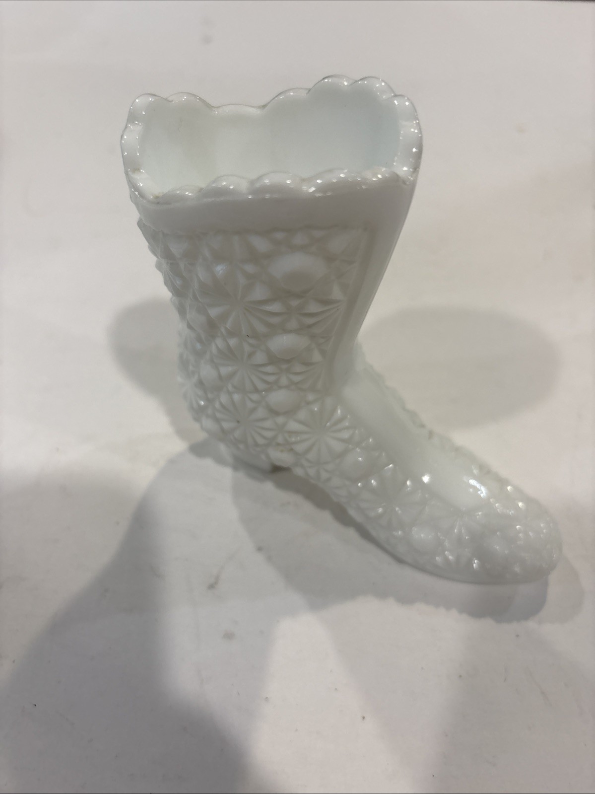 Vintage FENTON Milk Glass Daisy Button Boot White Milk Glass Shoe  4.25”