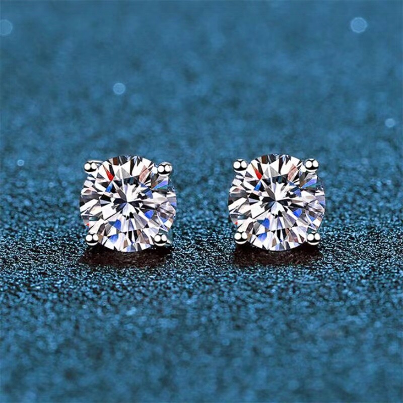 MEN Small 3mm Brilliant Moissanite 4P Stud Earrings White Gold-Plated Silver