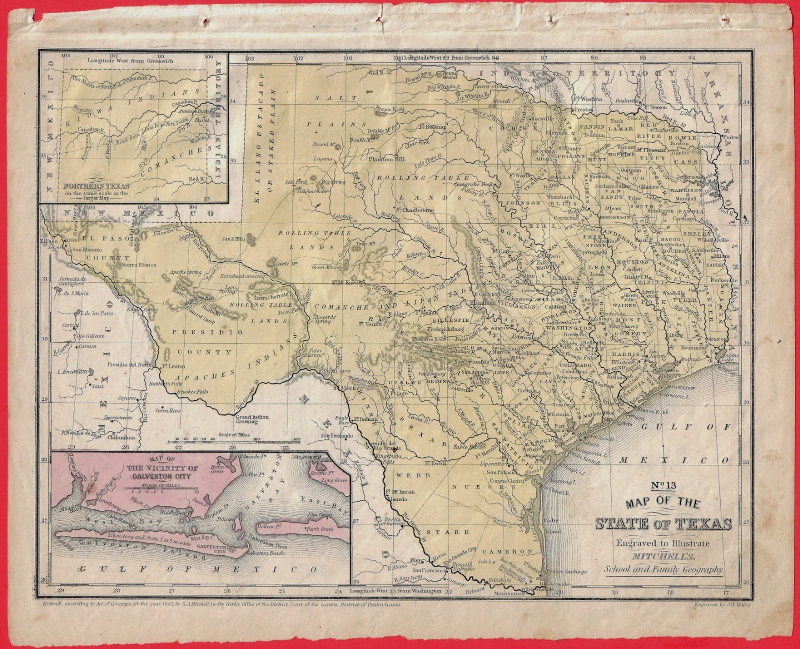 1852 Map of TEXAS ~ Augustus Mitchell ~ Hand Colored 1852 Map of TEXAS ~ Augustus Mitchell ~ Hand Colored