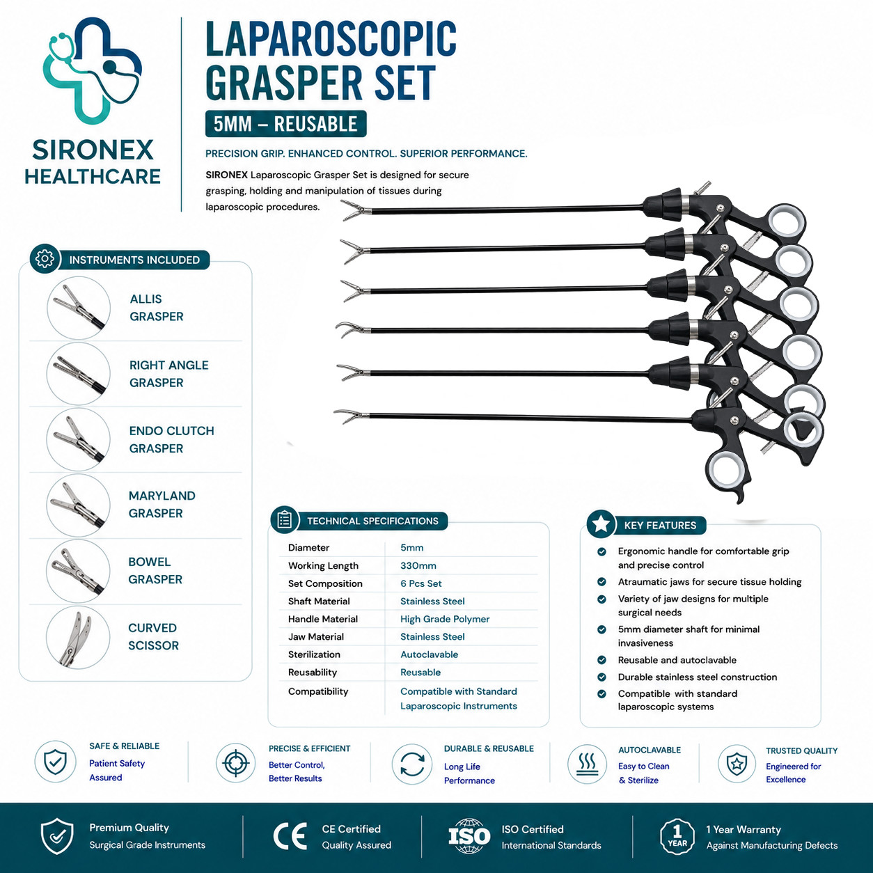 Laparoscopy GrasperSet Of 6 Laparoscopic Surgical Instruments 5mmx330mm New Set
