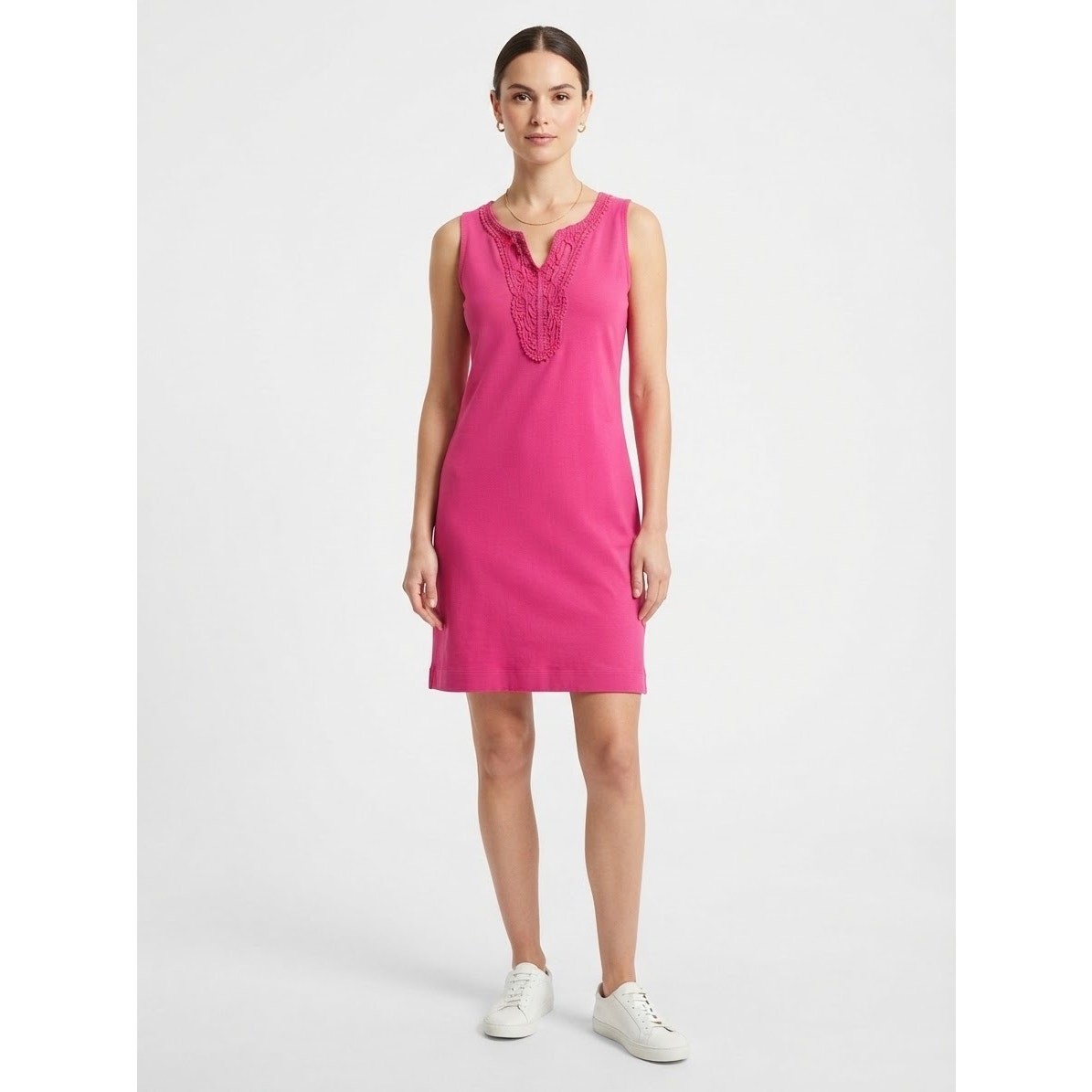 Talbots Hot Pink Cotton Sleeveless Dress Crochet Trim Petites Size MP Resort Chi