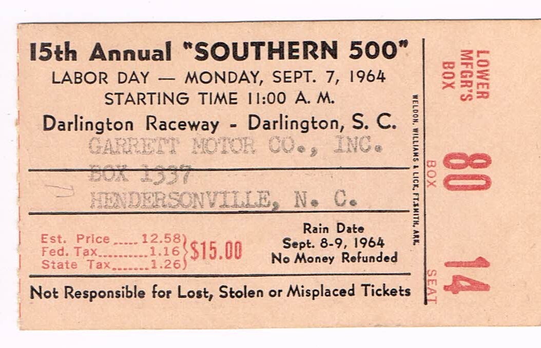 1964 Southern 500 ticket Stub Buck Baker Winner Rare VHTF 1964 Southern 500 ticket Stub Buck Baker Winner Rare VHTF