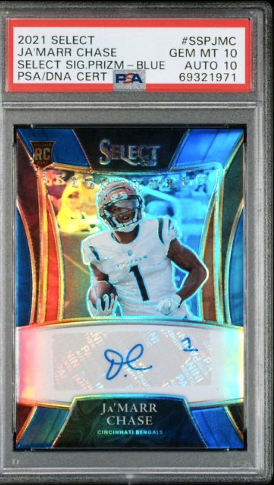 Ja'Marr Chase 2021 Select Signatures Blue Prizm 08/50 RC AUTO PSA 10/10 POP 1