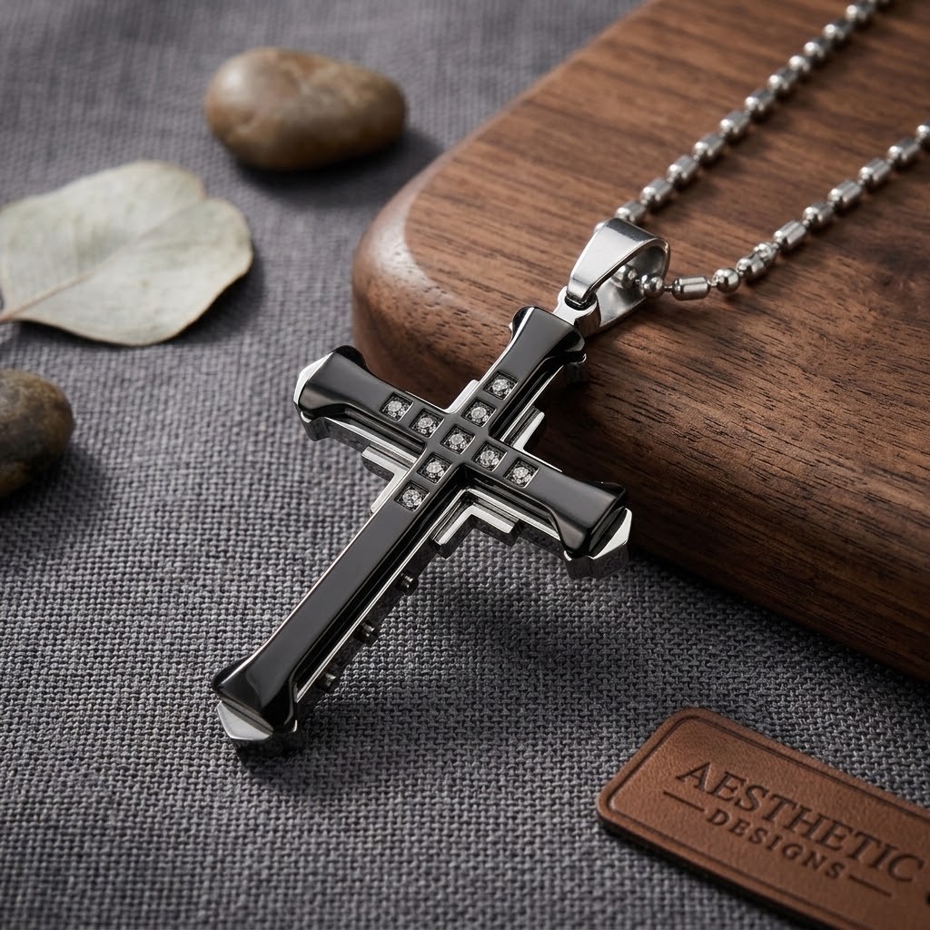 Stainless Steel Crystal Cross Pendant, Gothic Chain, Gold Silver Black Blue (60c