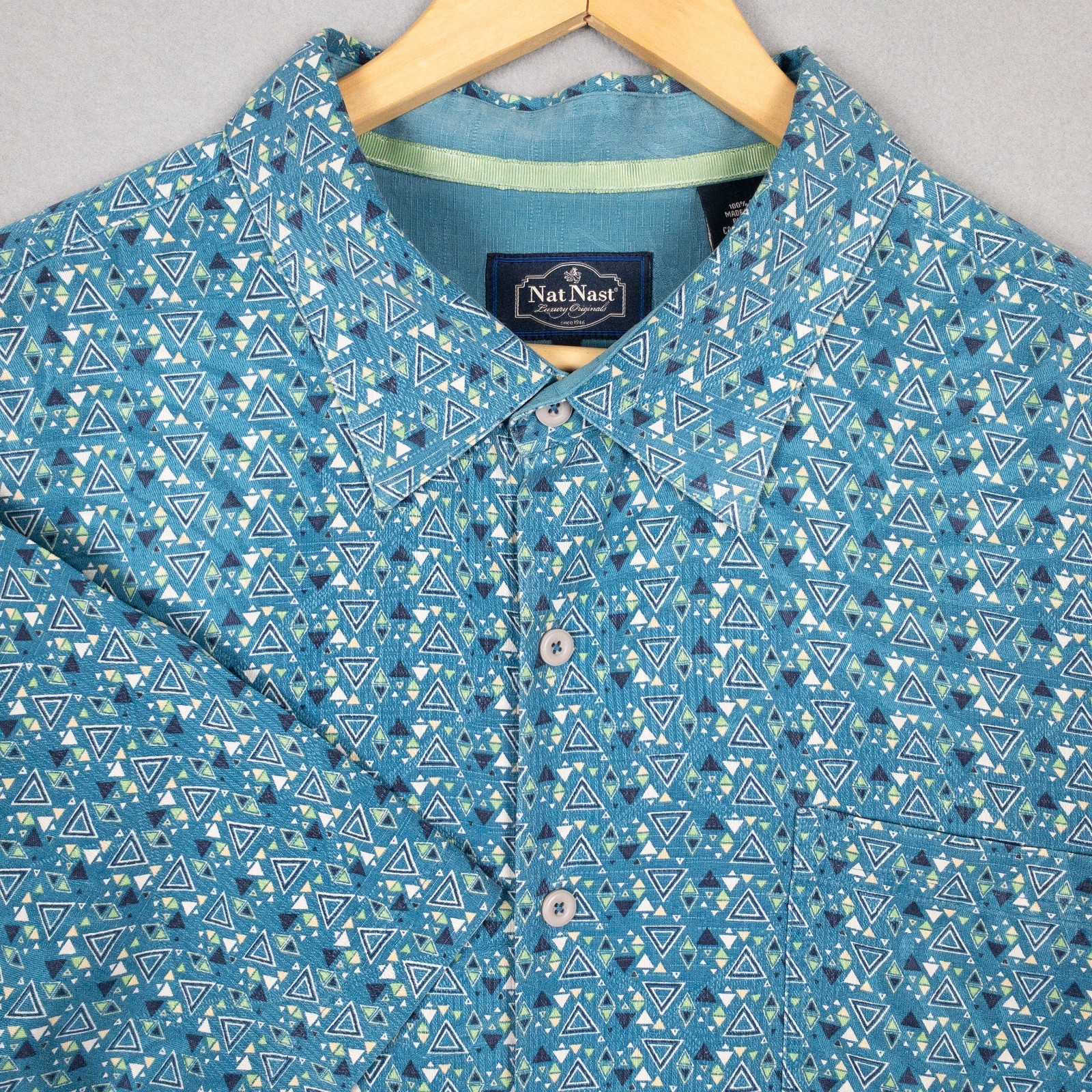 Nat Nast Mens XXL Silk Shirt Blue Geometric Print Short Sleeve Button Up