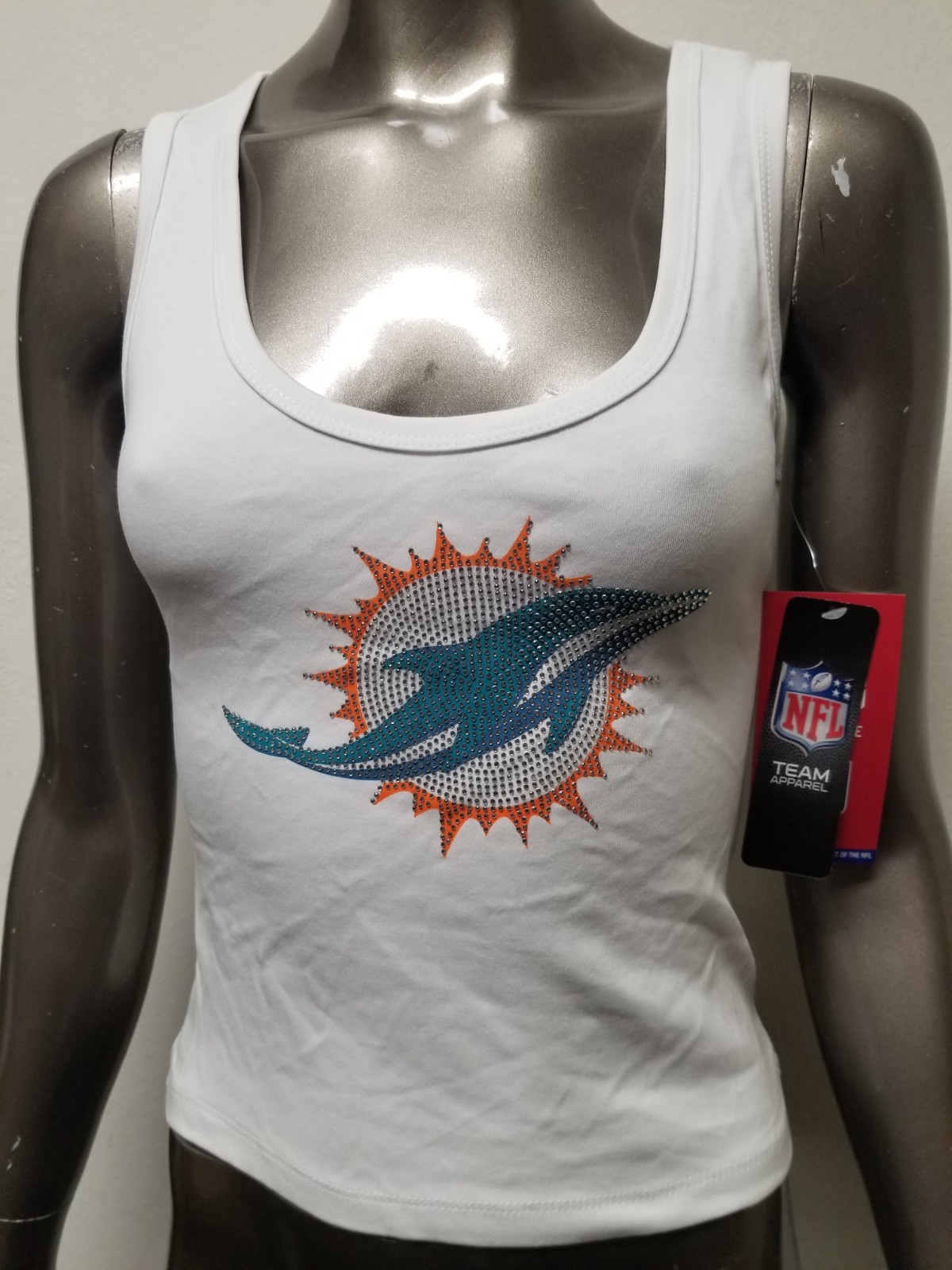 New NFL Miami Dolphins Womens Rhinestone Print Stretch Tank Top.