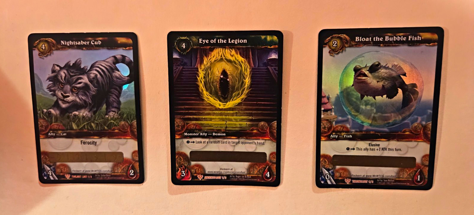 WoW TCG Loot Card Lot 3x UNSCRATCHED - Nightsaber Cub Eye of Legion Bloat Fish WoW TCG Loot Card Lot 3x UNSCRATCHED - Nightsaber Cub Eye of Legion Bloat Fish
