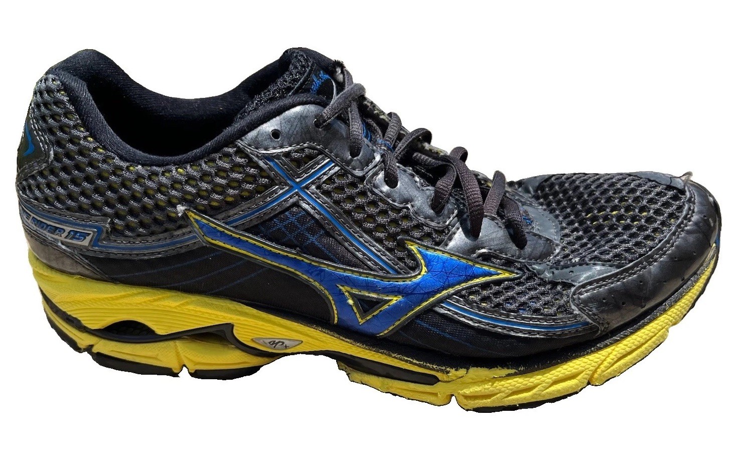 Size 9.5 - Mizuno Wave Rider 15 Running Shoes Mesh Black Blue Yellow Men\'s