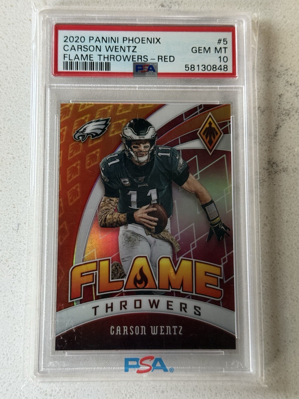 Carson Wentz 2020 Panini Phoenix Flame Throwers Red /299 PSA 10 Carson Wentz 2020 Panini Phoenix Flame Throwers Red /299 PSA 10
