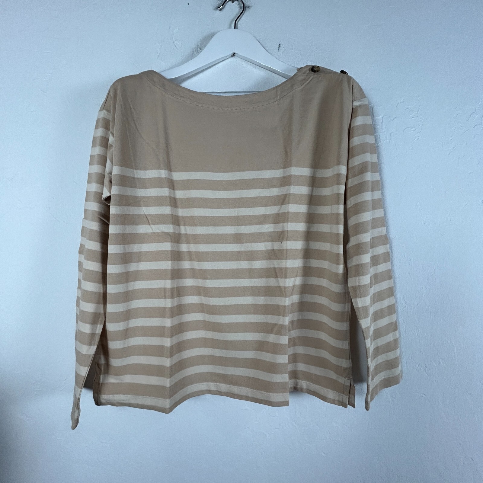 NWT J.Crew Women’s Medium Brown Cotton Striped Boat Neck Button T-Shirt BA355