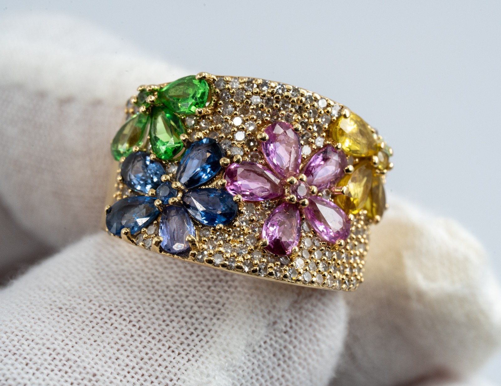 Effy Watercolors 14K Multi Sapphire Diamond Floral Ring 5.59 TCW Size 6.75