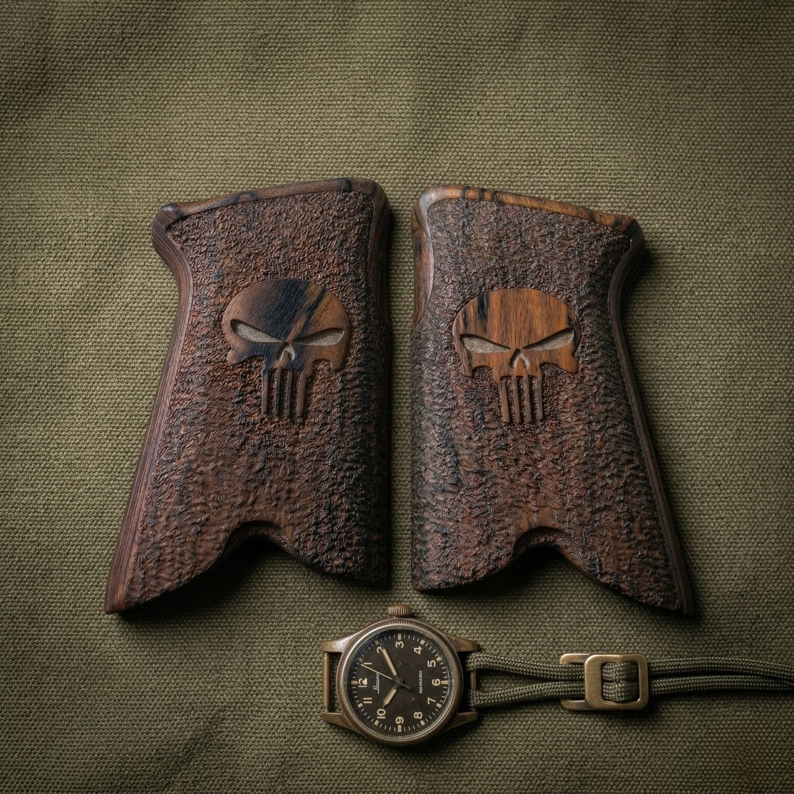 Ruger P85 P89 P90 P91 Wood Grips Punisher Skull Tactical Stippled Texture Shard
