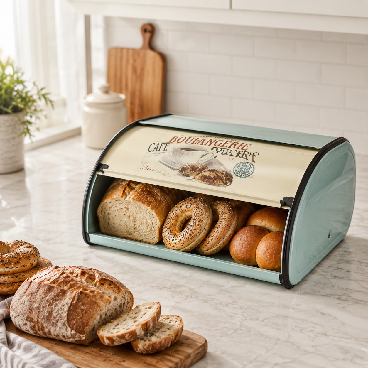 Vintage Metal Bread Box Roll Top Breadbox for Kitchen Countertop