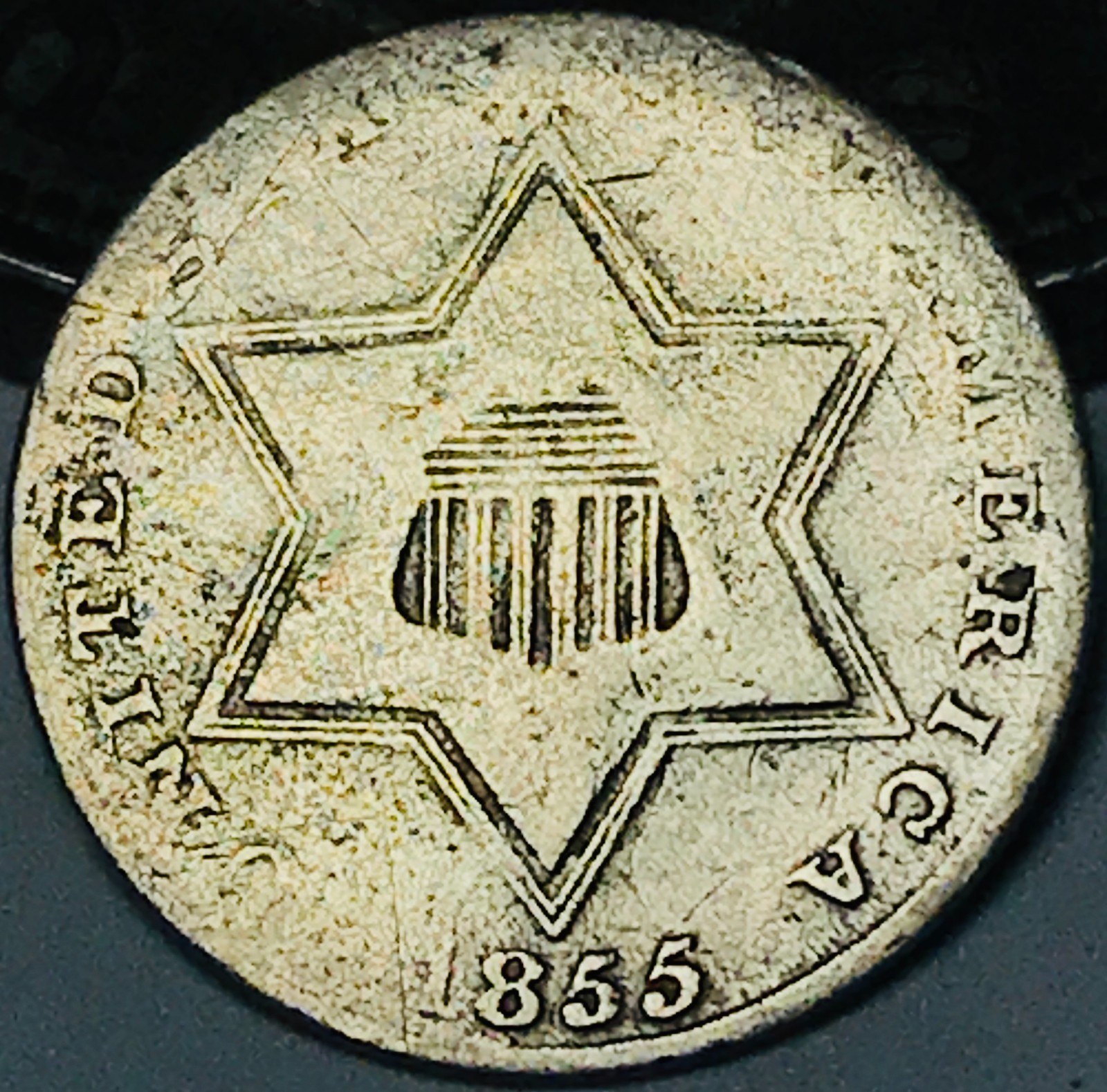 1855 Three Cent Silver Piece Trime 3cs Type 2 Ungraded US Coin CC31396 1855 Three Cent Silver Piece Trime 3cs Type 2 Ungraded US Coin CC31396
