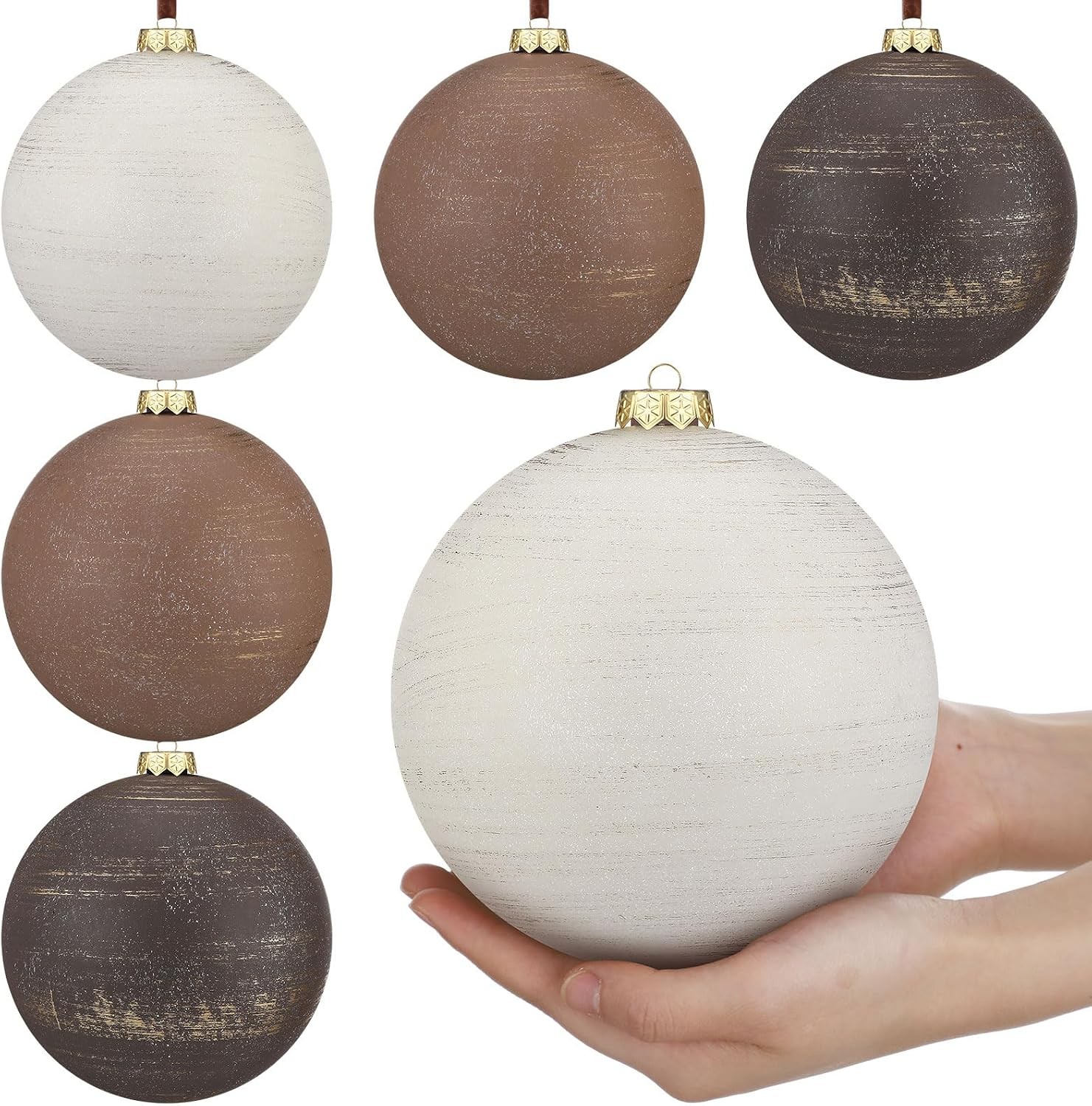 6Pcs 6in Neutral Christmas Balls, Brown‑Tan‑Ivory for Farmhouse Tree Home Decor