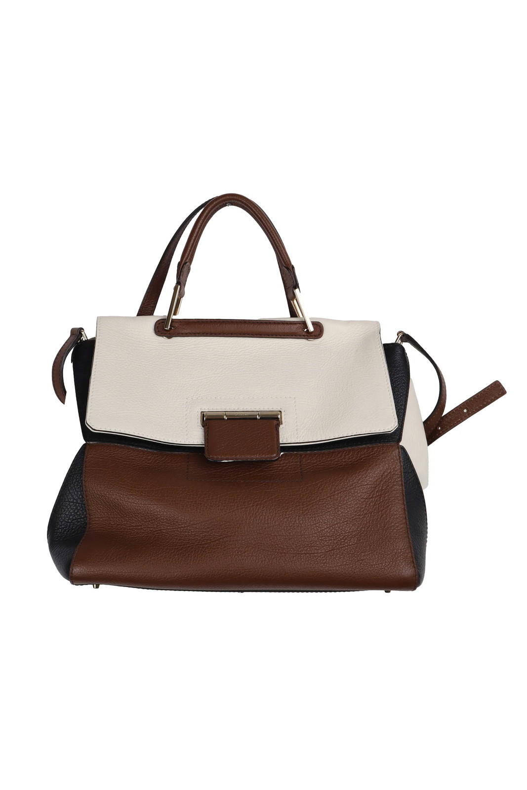 FURLA Artesia Tricolor Leather Satchel Top Handle Bag Brown White Black