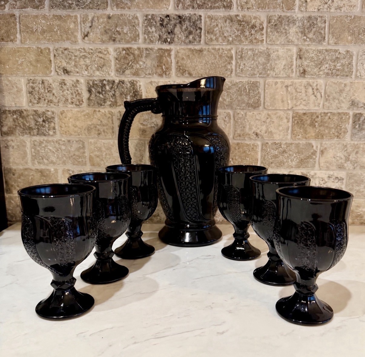VTG Indiana Glass Black Amethyst Monarch Paneled Daisy Pitcher & 6 Goblets Set