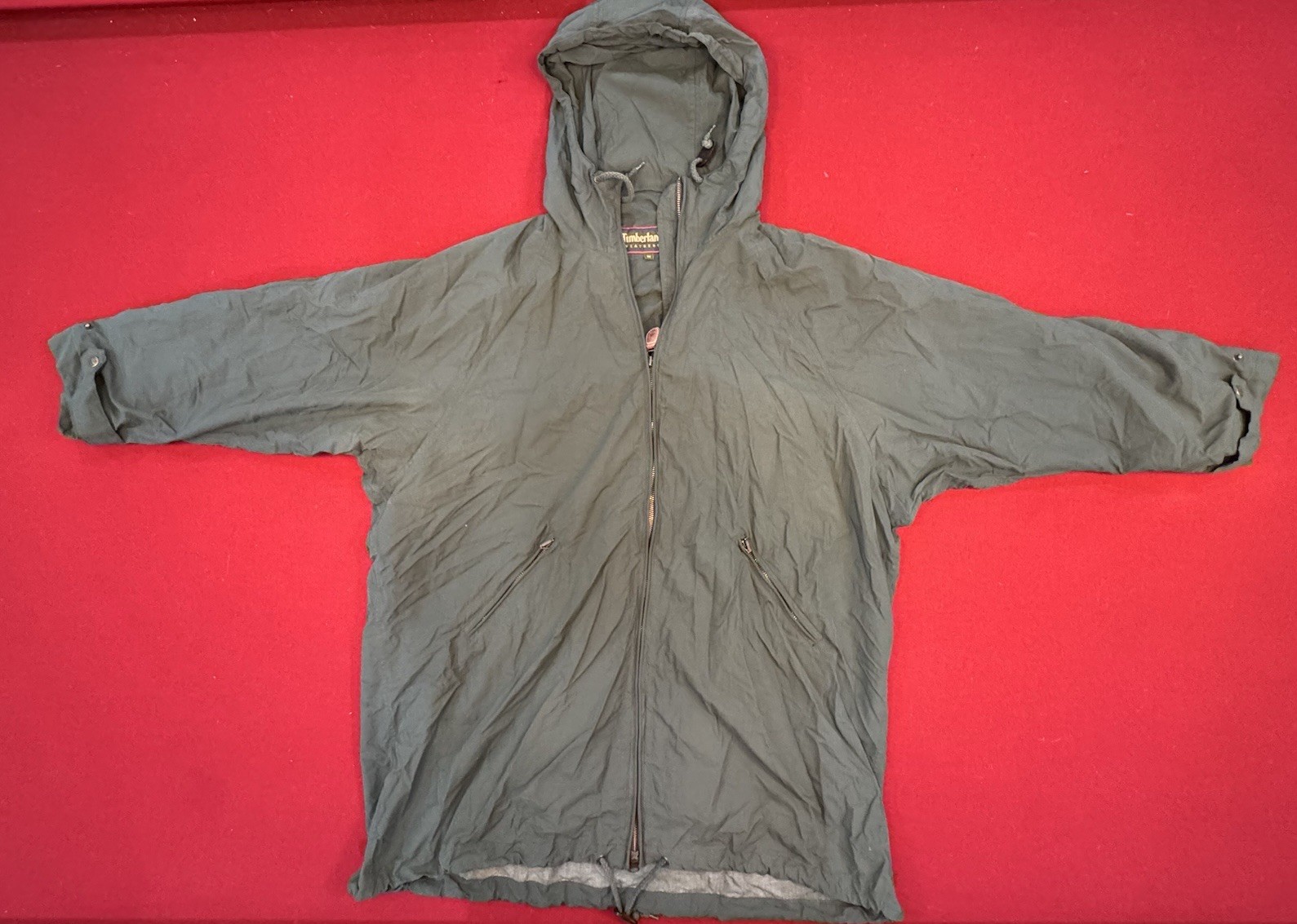 Mens Vintage Timberland Weathergear Olive Green Blue Hooded Rain Jacket Coat M
