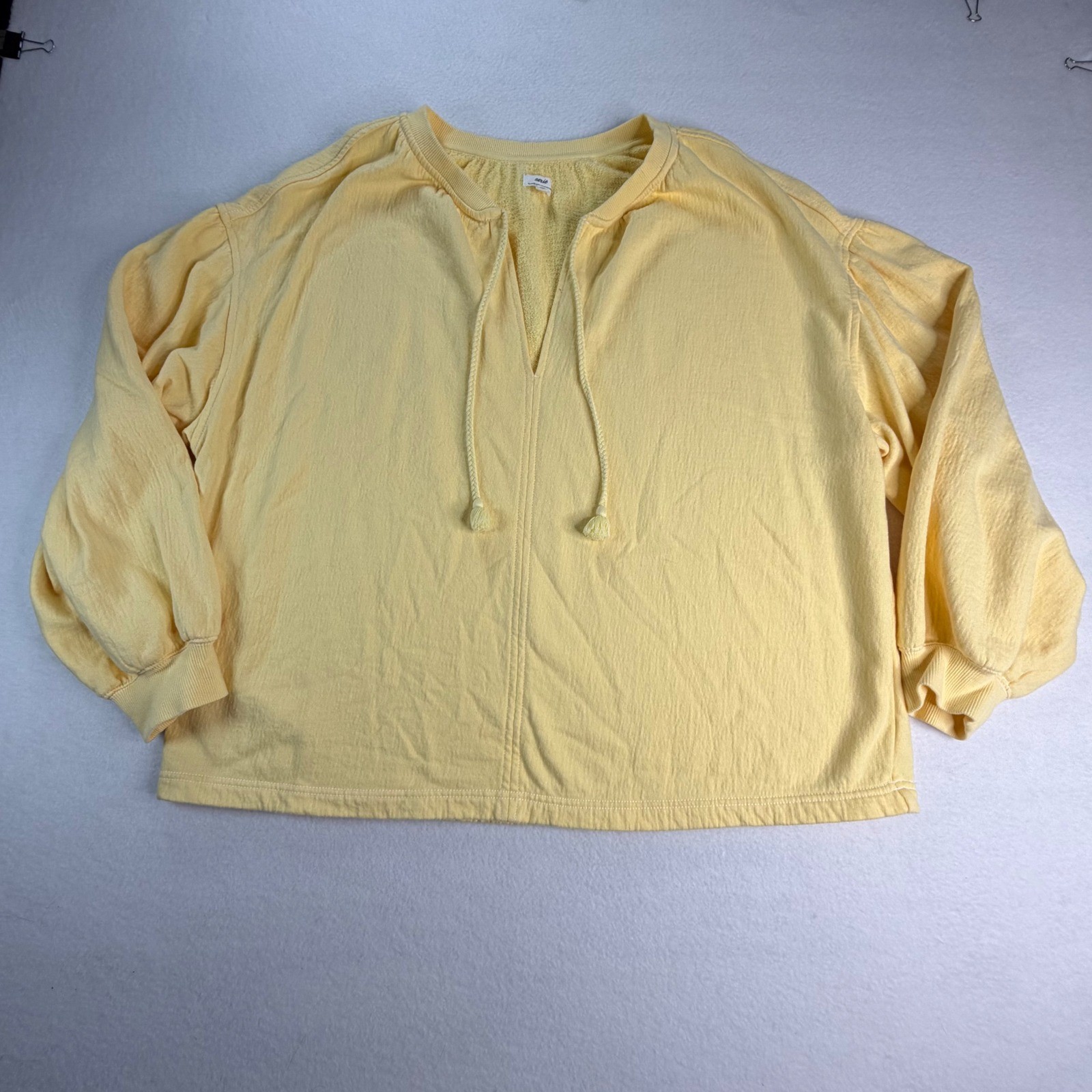 Aerie Always and Forever Butter Yellow Textured Tassel V-Neck Sweatshirt Large