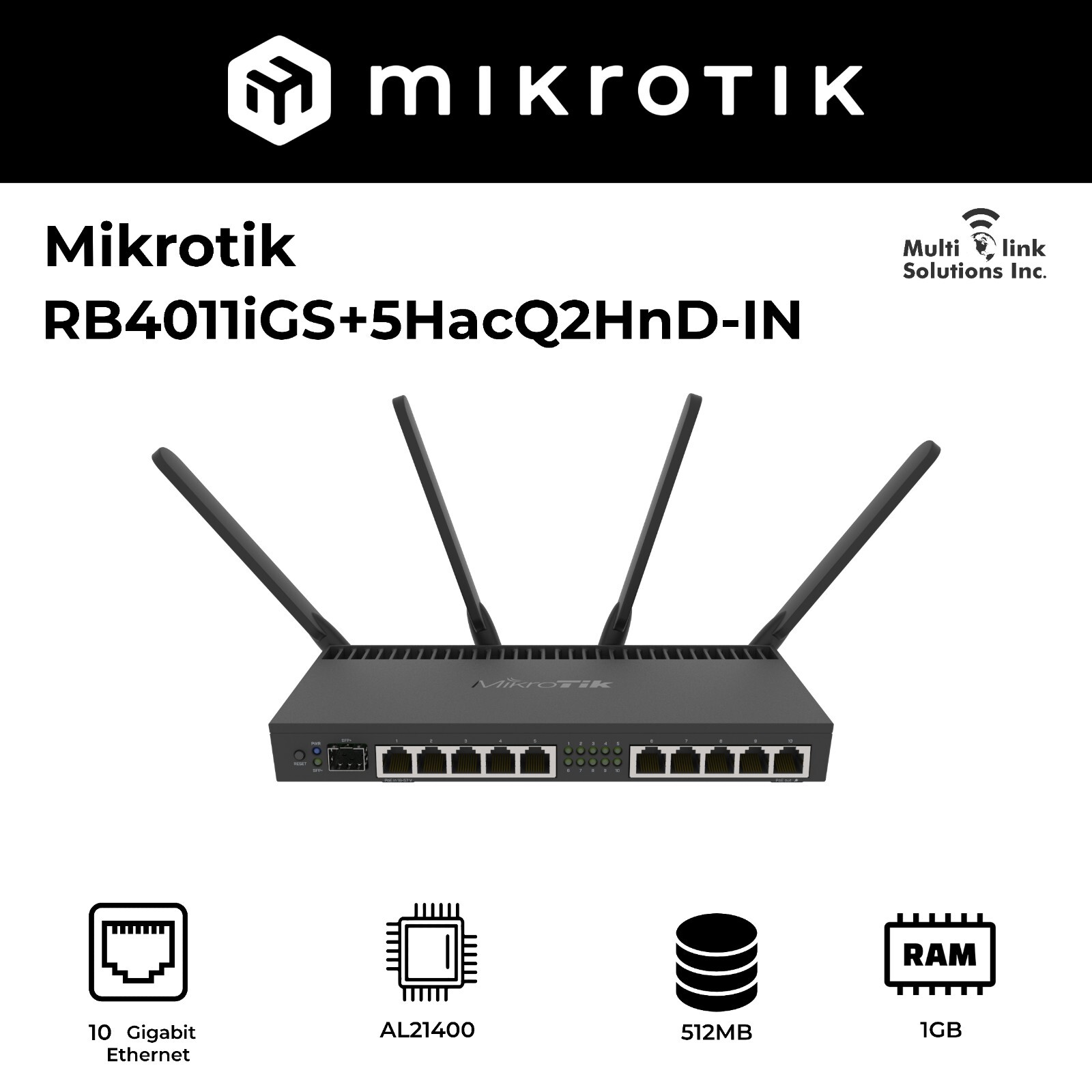 MikroTik RB4011iGS+5HacQ2HnD-IN 10 Gigabit ports, SFP+ 10Gbp Standalone Router MikroTik RB4011iGS+5HacQ2HnD-IN 10 Gigabit ports, SFP+ 10Gbp Standalone Router