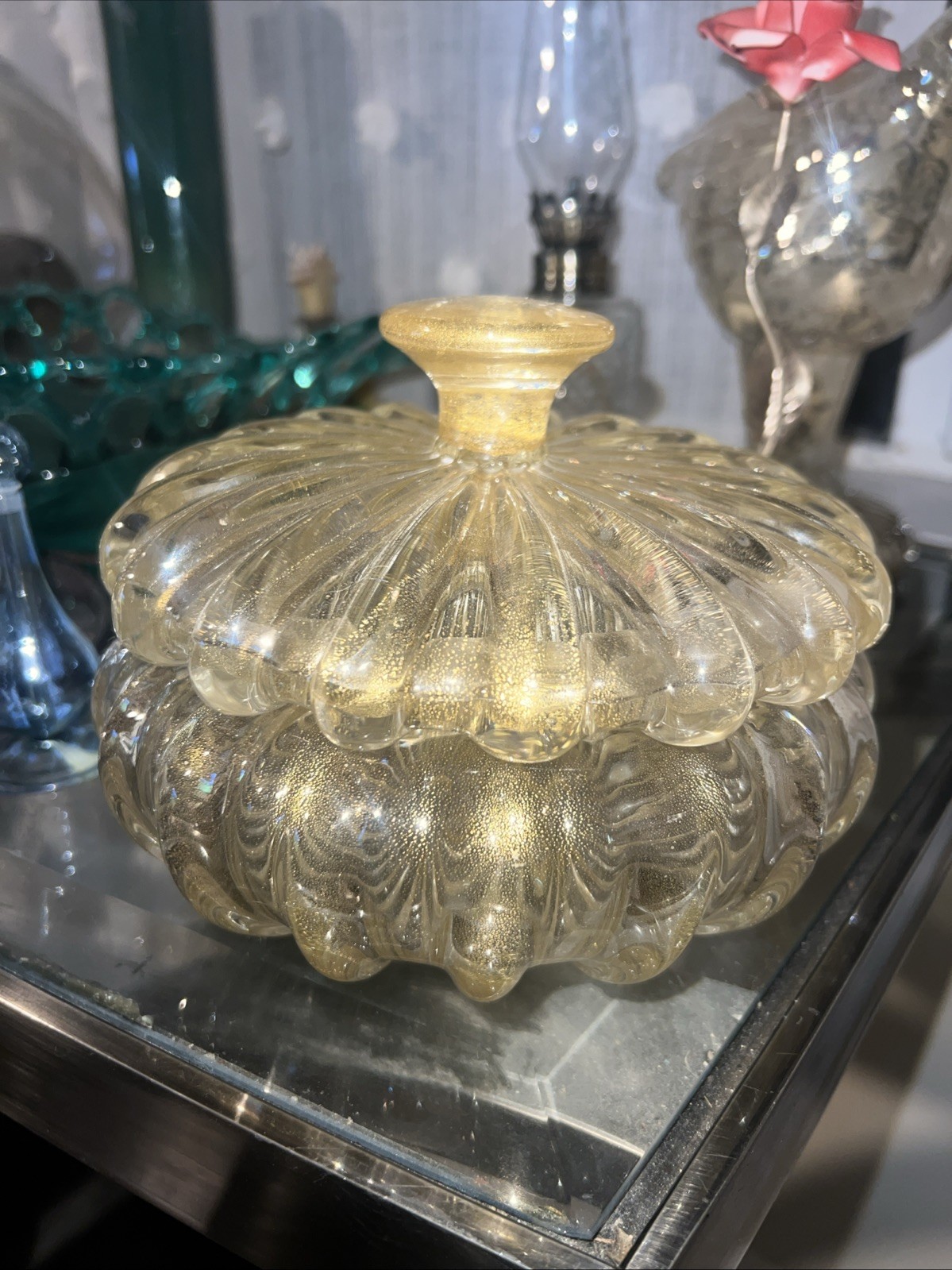 Archimede Seguso Style Murano Gold Fleck Glass Lidded Powder Box Vanity Dish