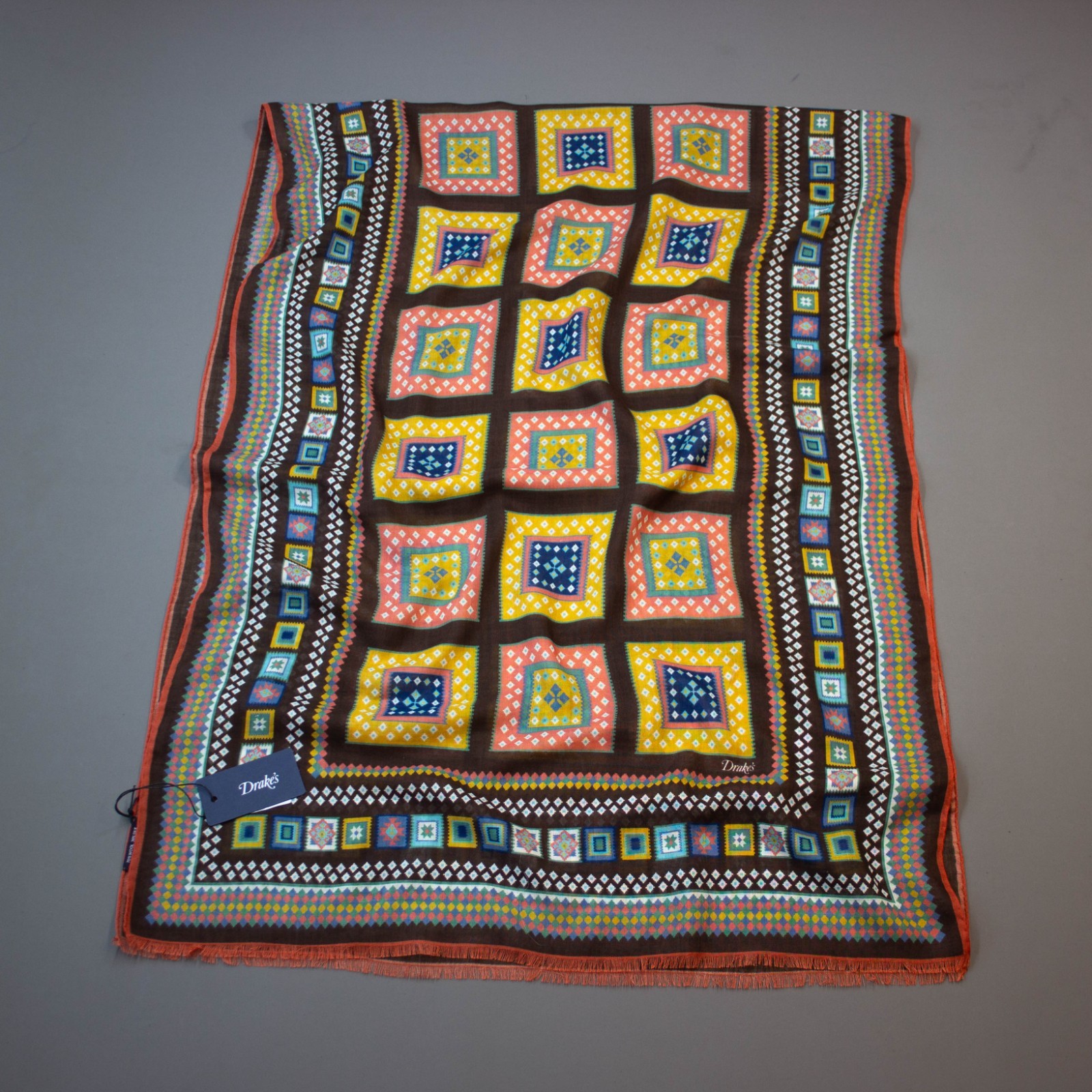 Drake’s Brown Kilim Wool-Silk Scarf / RRP £245 / Brand New with Tags