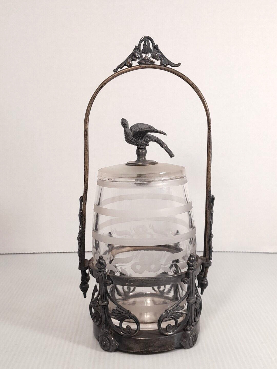 Atq Victorian EAPG Glass Etched Pickle Castor Barrel Pheasant Lid Simpson Hall