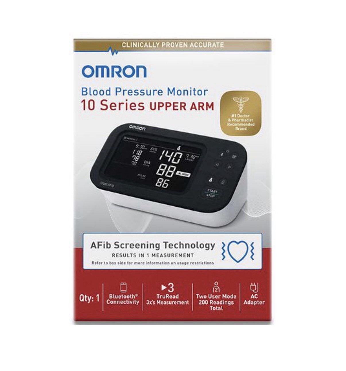Omron 10 Series Upper Arm Blood Pressure Monitor AFib Bluetooth - BP7465 - NOB