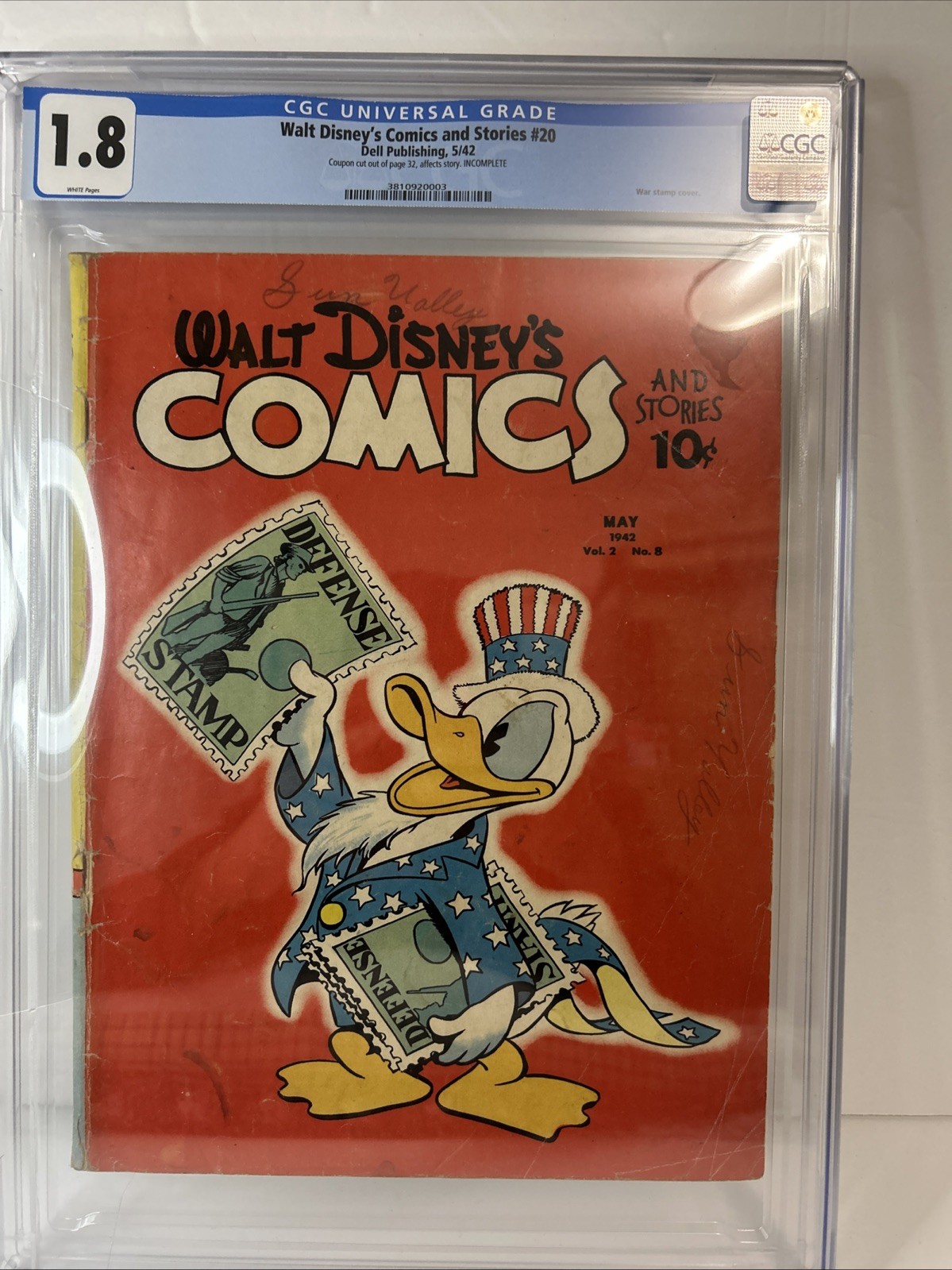 Walt Disney's Comics and Stories # 20, World War II Donald War Stamps 1942 CGC Walt Disney's Comics and Stories # 20, World War II Donald War Stamps 1942 CGC