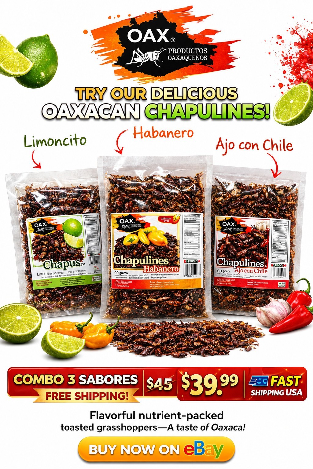 TRIO  90 GR FRESH CHAPULINES • CON LIMONCITO  •HABANERO • AJO CON CHILE 