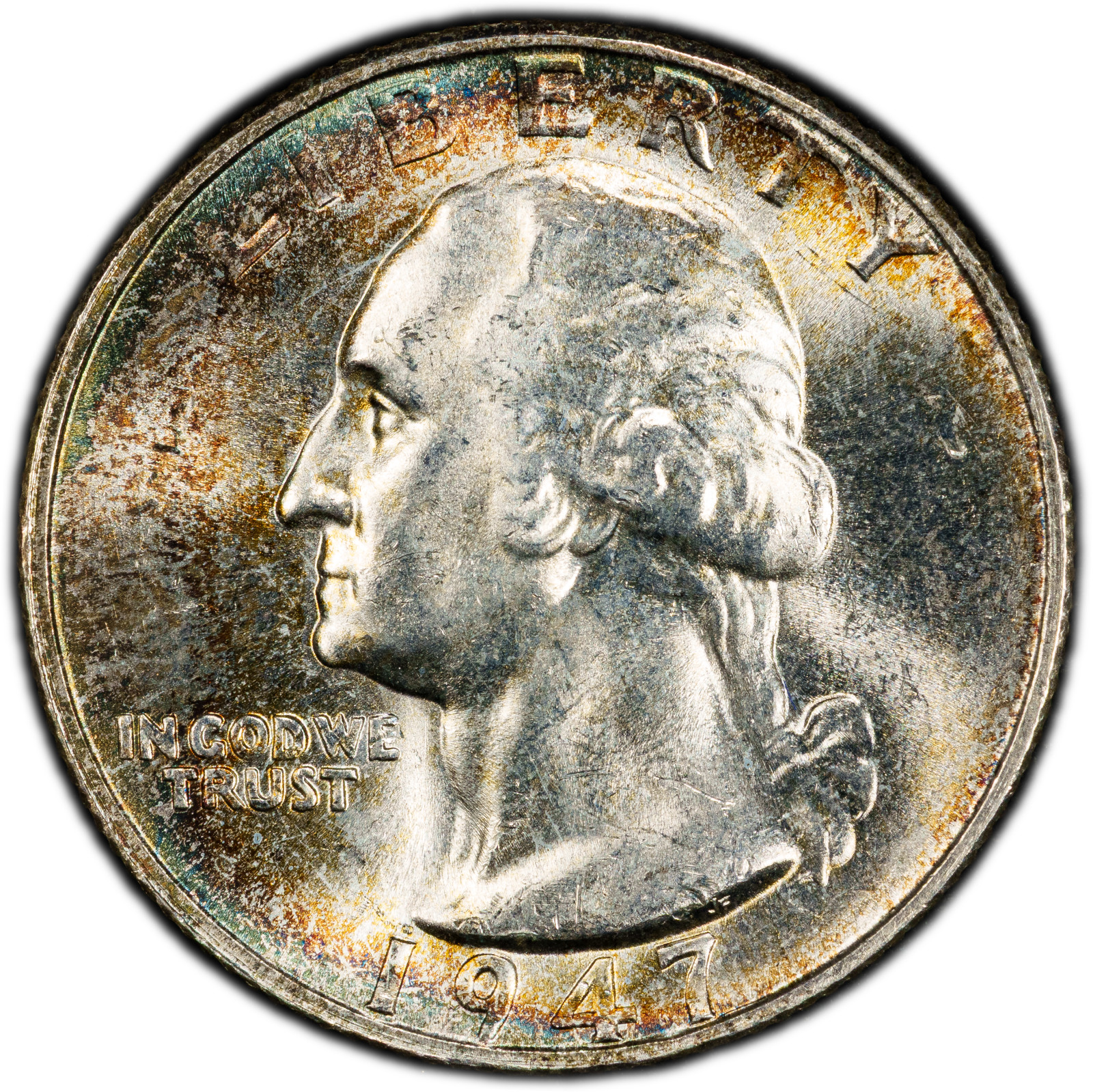 1947-S PCGS MS64 Washington Quarter | Beautiful Rainbow Toning | Color Blast