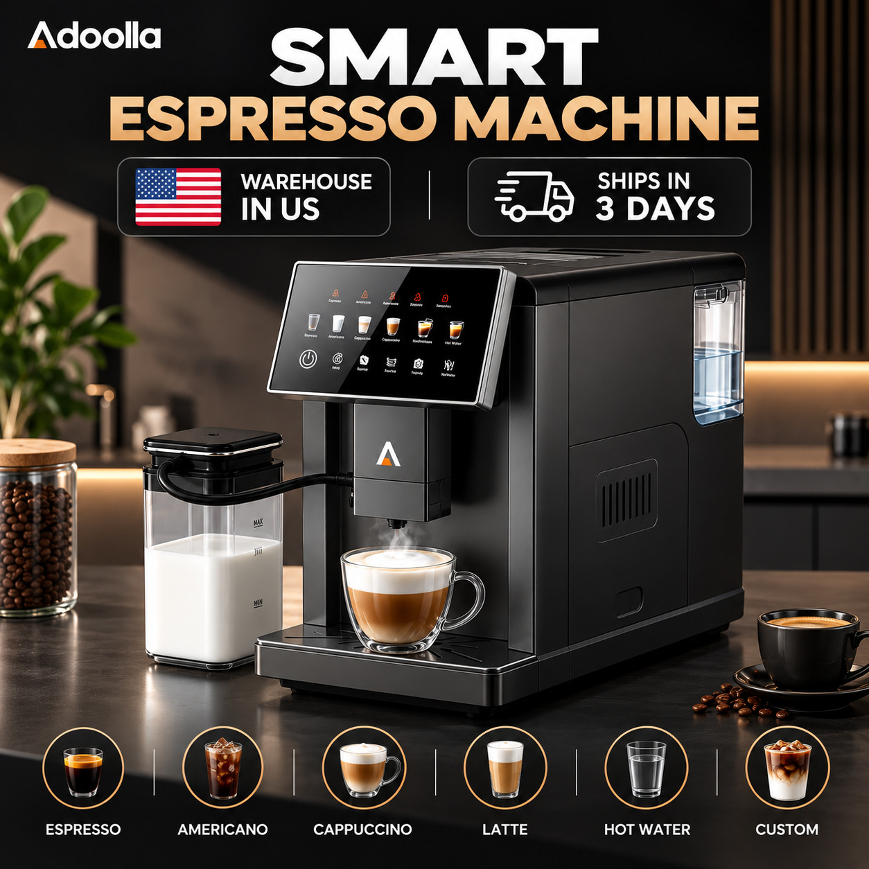 ADOOLLA Commercial Automatic Espresso Coffee Machine 10 Cup W/ Touch Screen USA