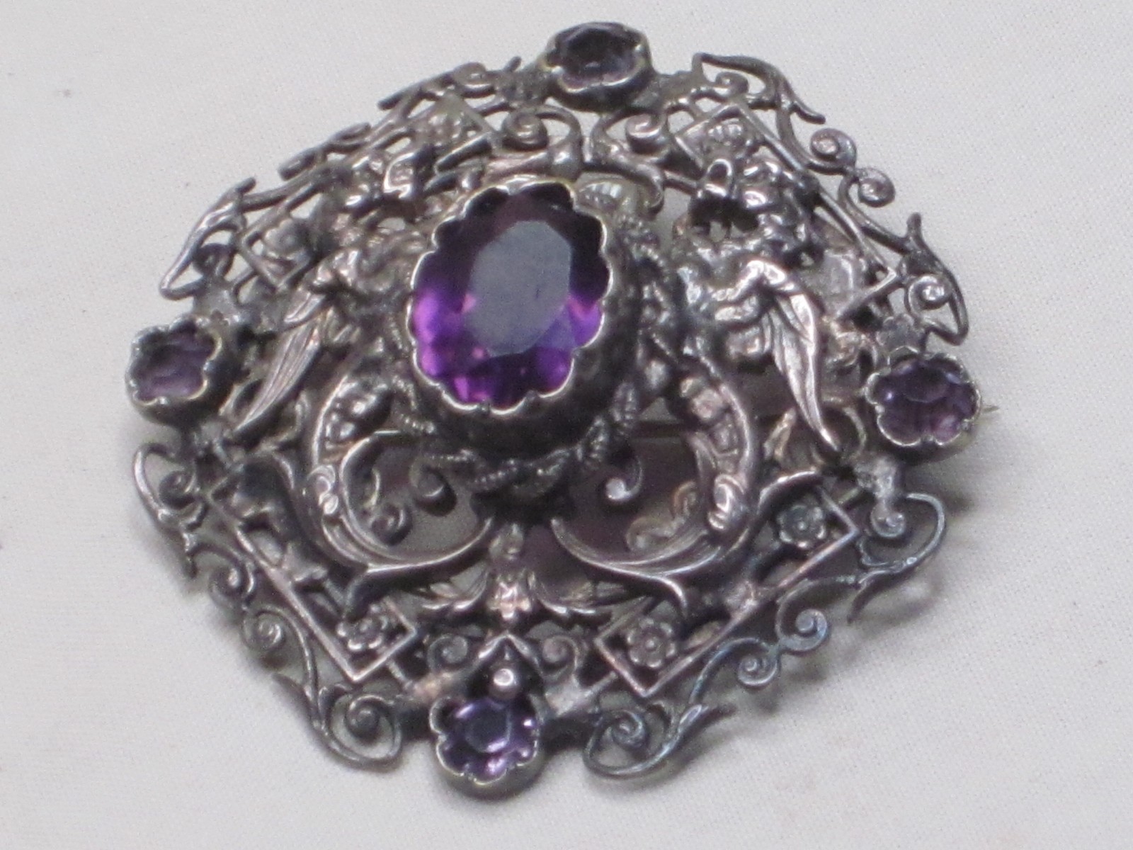 vintage antique ornate filigree brooch  Asian winged dragon Amethyst detail pin
