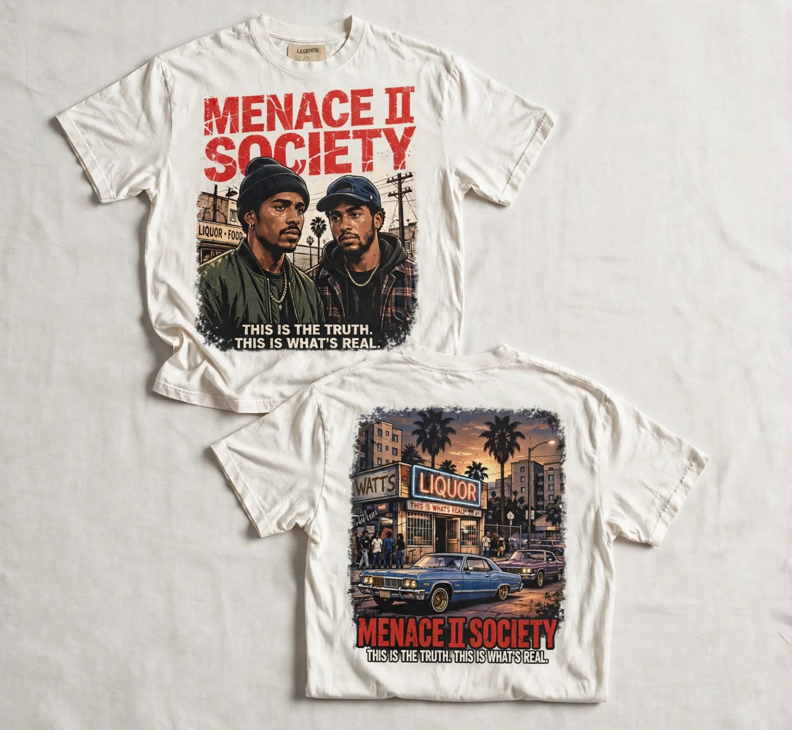 Menace II Society 1993 Movie Vintage Graphic T-Shirt White Tee Front Back Print