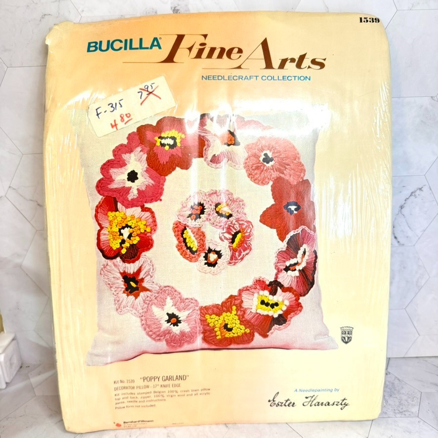NOS Vtg Bucilla Needlecraft Kit Poppy Garland Pillow #1539 by Eszter Haraszty NOS Vtg Bucilla Needlecraft Kit Poppy Garland Pillow #1539 by Eszter Haraszty