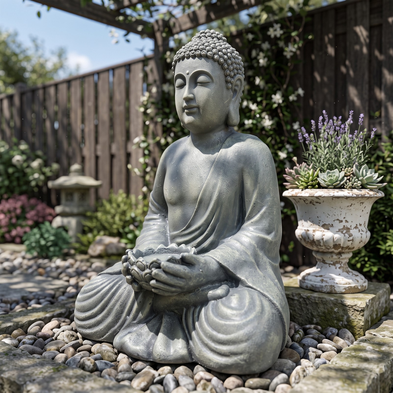 19 inch Meditating Seated Buddha Statue, Outdoor Garden Sculpture, Antique Gray
