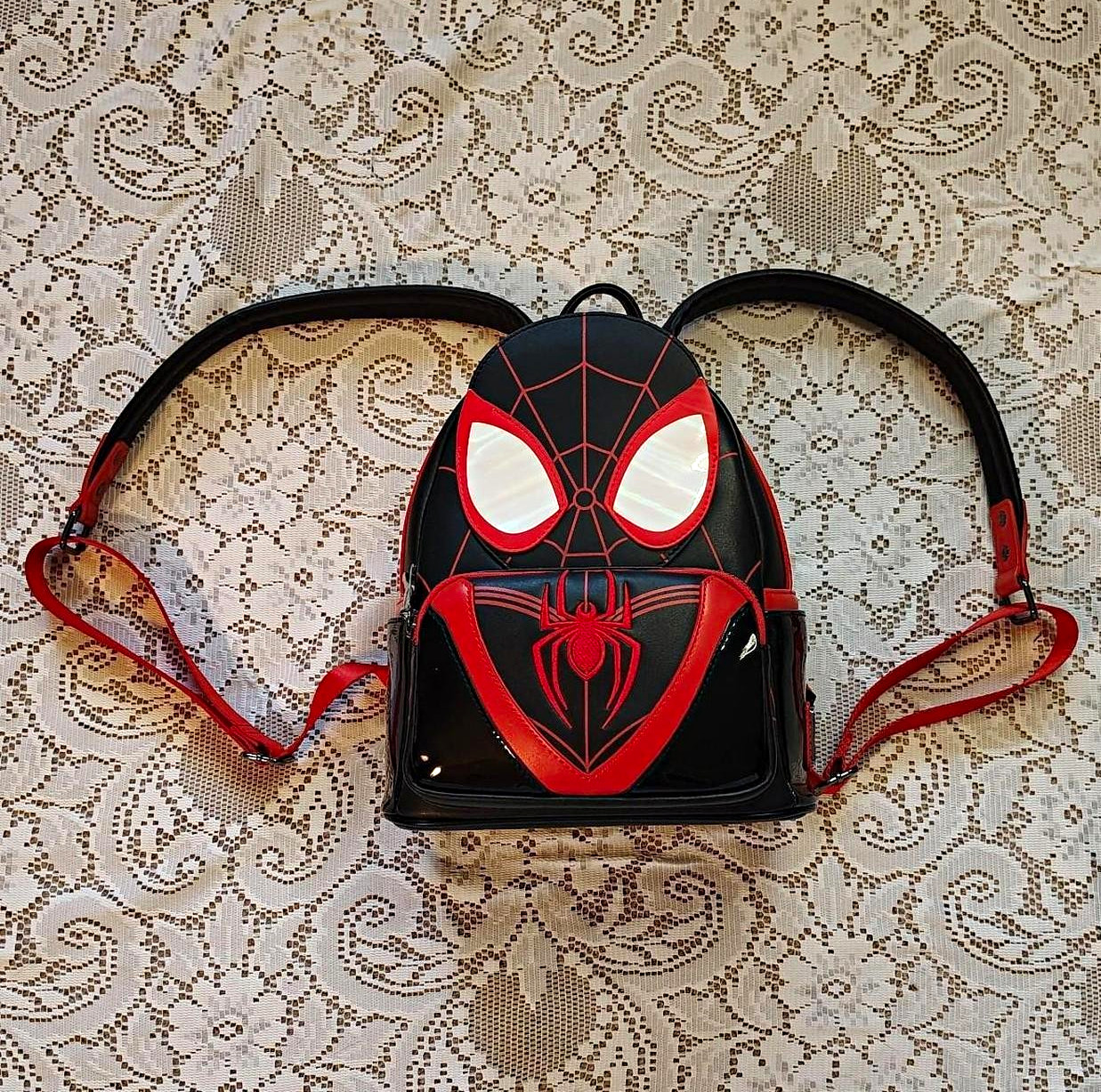 Marvel Miles Morales Spider-Man Loungefly Mini Backpack Black/Red Faux Leather Marvel Miles Morales Spider-Man Loungefly Mini Backpack Black/Red Faux Leather