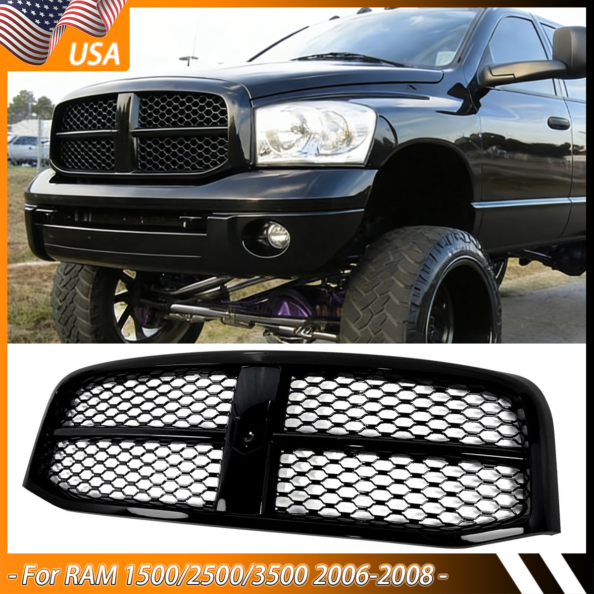 For 2006-2008 Ram 1500 2500 3500 Pickup Gloss Black Front Upper Bumper Grille