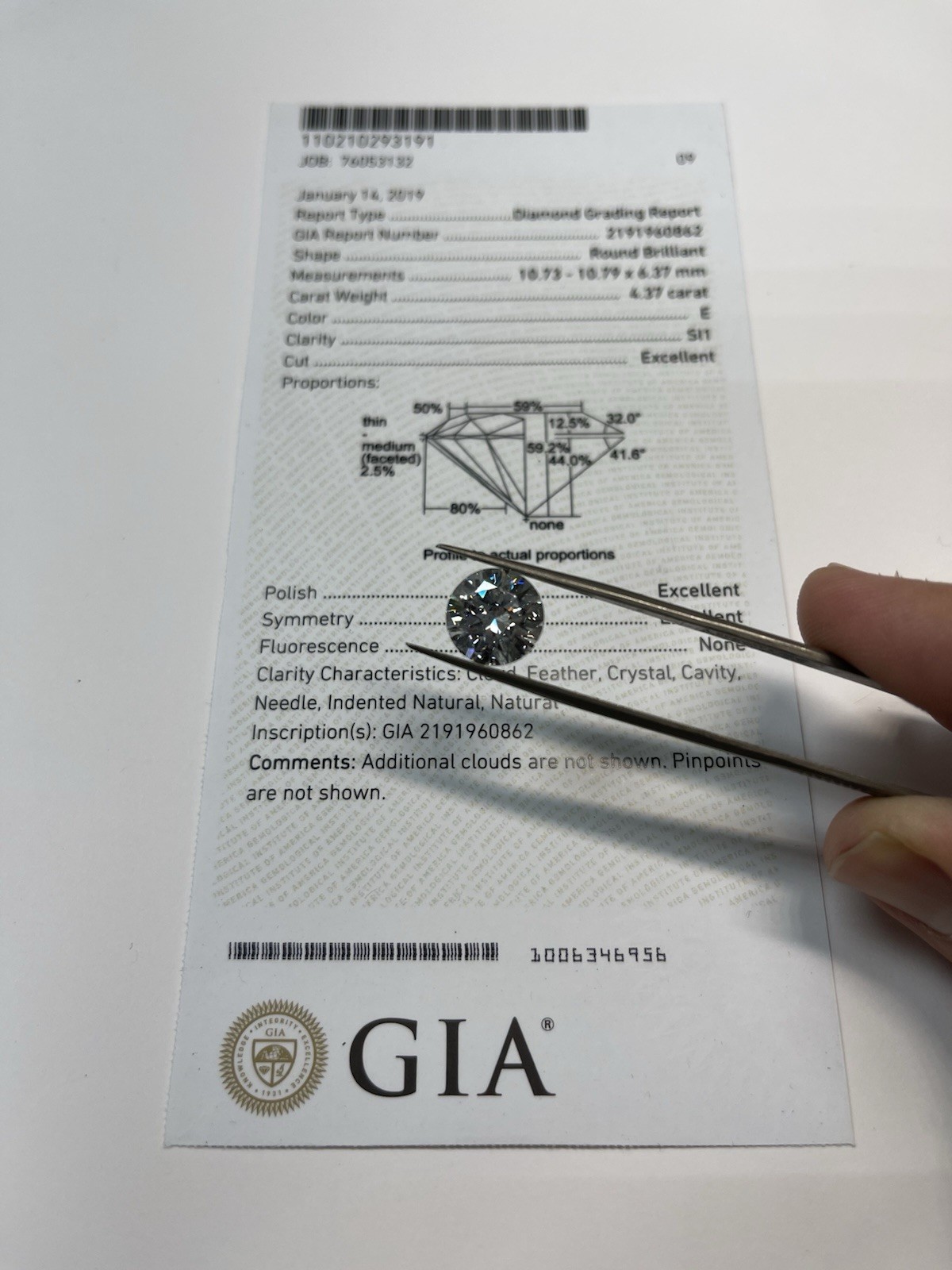 GIA Certified Natural Round Brilliant Diamond 4.37ct E SI1 Triple Excellent HUGE
