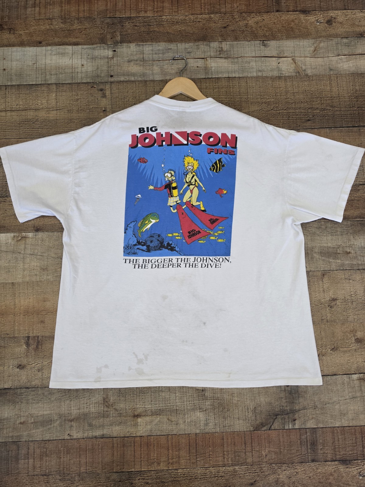 Vtg 90s Big Johnson Scuba T Shirt Sz XXL Has Flaws Double Sided USA Made Vtg 90s Big Johnson Scuba T Shirt Sz XXL Has Flaws Double Sided USA Made