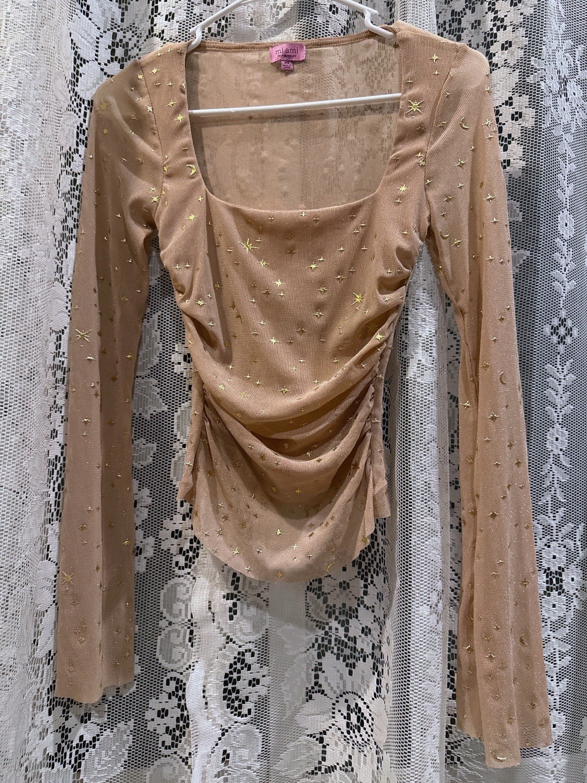 Mi Ami Y2k Sheer Witchy Whimsigoth xs Fairy Celestial Nude Mesh top puff sleeves Mi Ami Y2k Sheer Witchy Whimsigoth xs Fairy Celestial Nude Mesh top puff sleeves