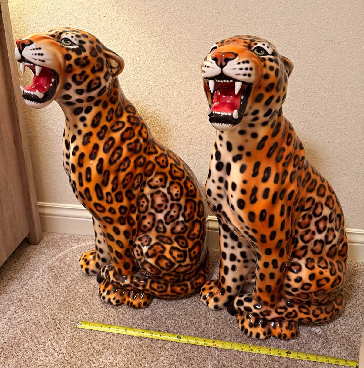 Pair Large Hand Painted Ceramic Leopard Figurines Glossy 36\ Pair Large Hand Painted Ceramic Leopard Figurines Glossy 36\