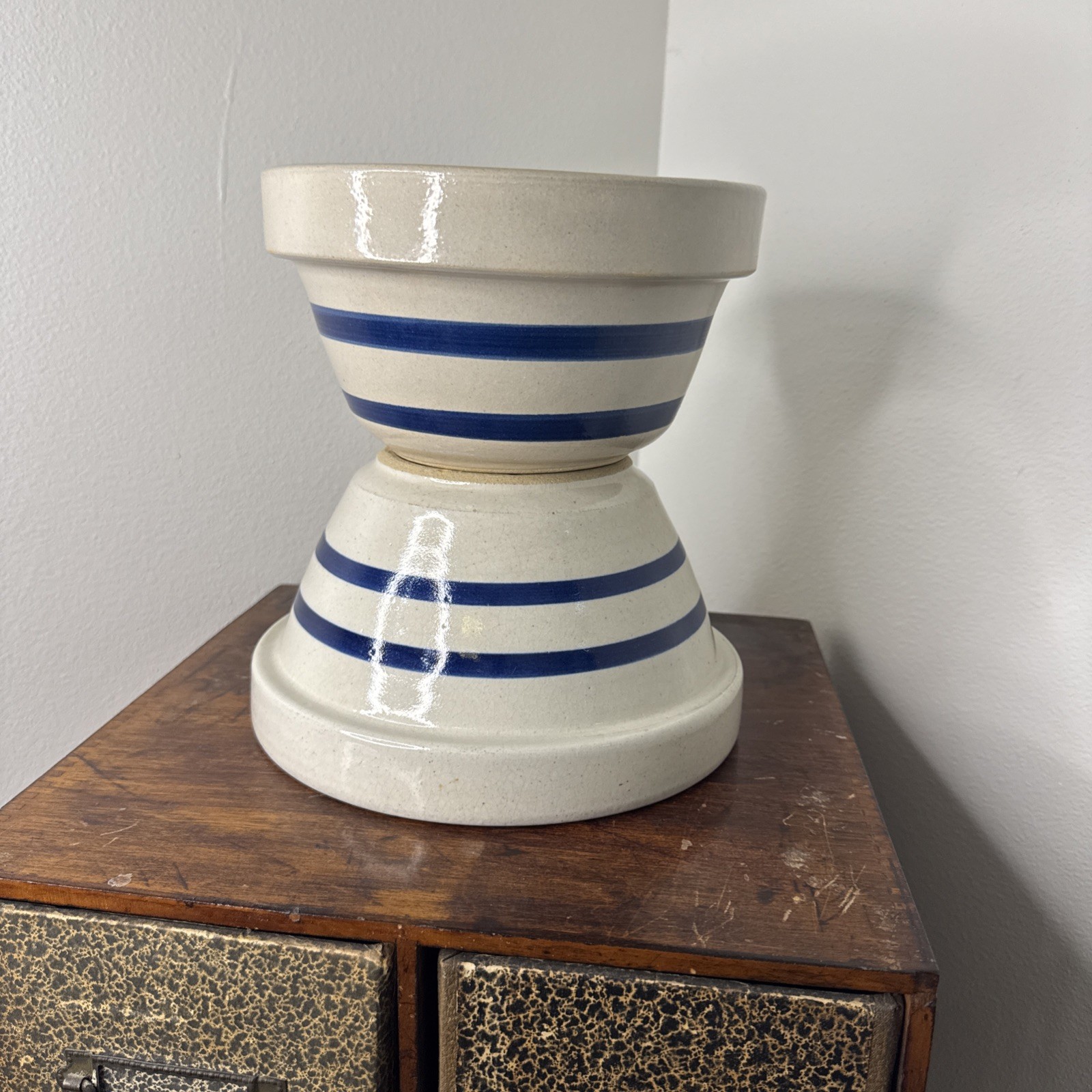VTG RRP CO ROSEVILLE OH POTTERY Blue Band Stripe Mixing Bowls 8\