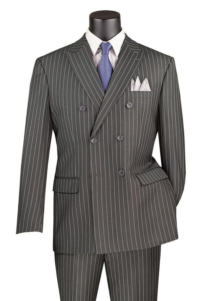 Charcoal Vinci Men\'s Wool Feel 6 Button Striped Double Breasted Classic Fit Suit