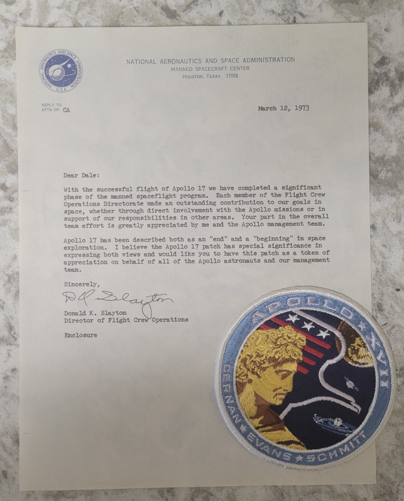 1973 NASA Apollo 17 Deke Slayton Letter & Original Mission Patch Presentation