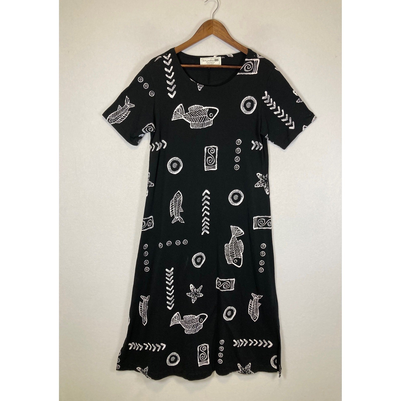Artistic Nautical Vintage Studio G Women M  Fish Tribal Print Midi Dress USA