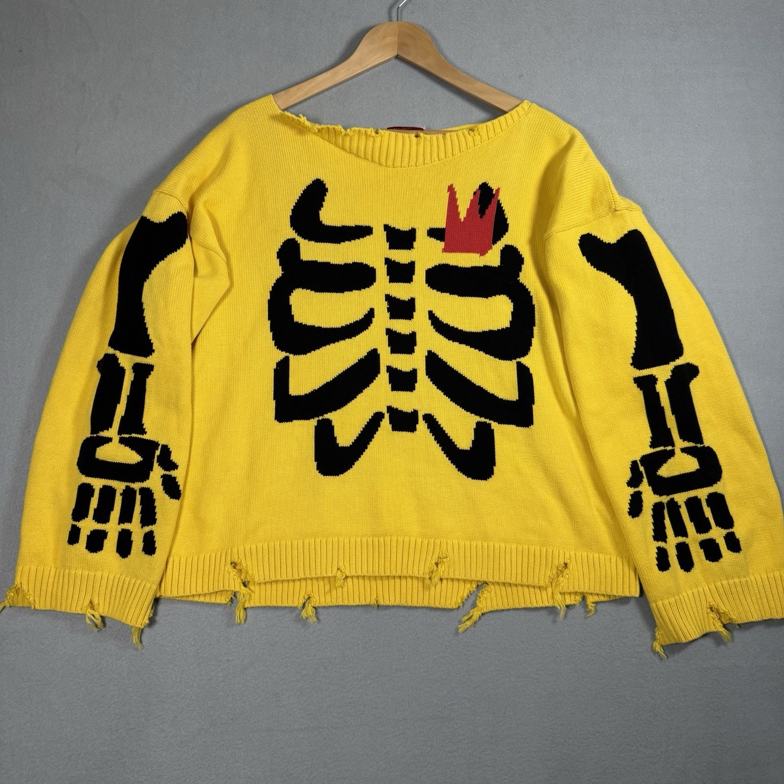 Charles Jeffrey Loverboy Skeleton Crown Knit Sweater Yellow Distressed Sz M