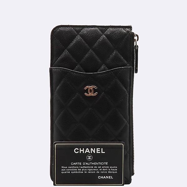 Chanel AP0225 Black Caviar Leather Silver COCO Logo Phone Holder Card Wallet
