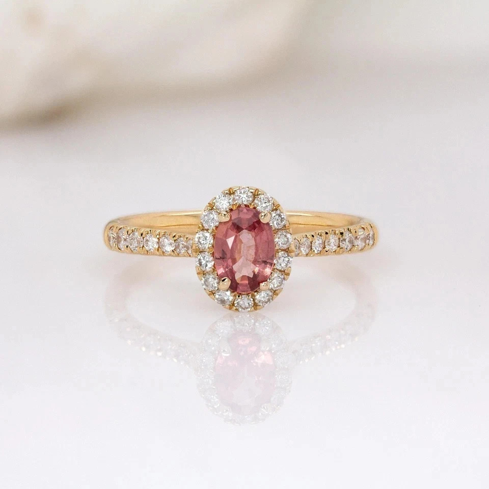 2.50 Ct Oval Cut Padparadscha Sapphire Diamond Anniversary Ring 14K Yellolw Gold